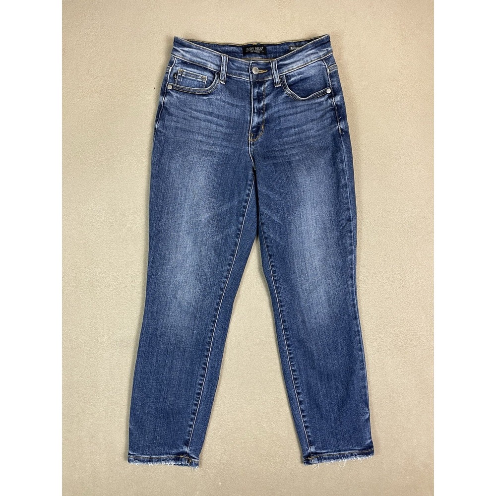 Judy Blue Jeans Womens 1/25 Blue Boyfriend Fit Mid Rise Stretch Distressed Hem